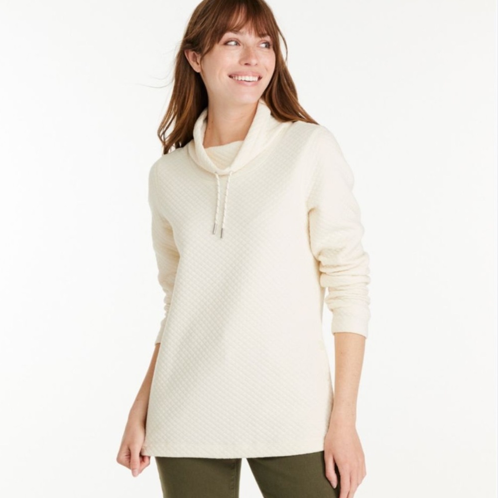 LL Bean Women's SoftLight Quilted Top, Funnelneck Pullover Cream XL
